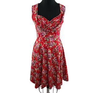 Heroecol RETRO Red Fit Flare Dress Cotton Floral Sweetheart Sleeveless M Medium